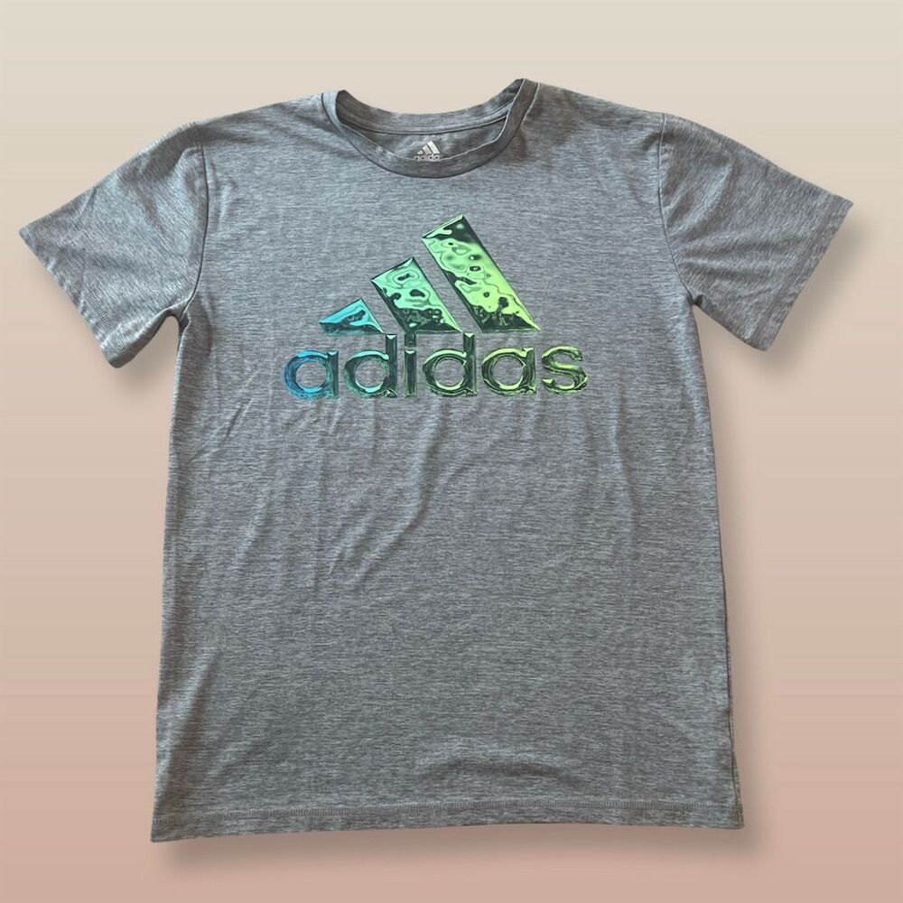 Adidas Boys Gray Short Sleeve Tee Liquid Metal Logo Size L Casual